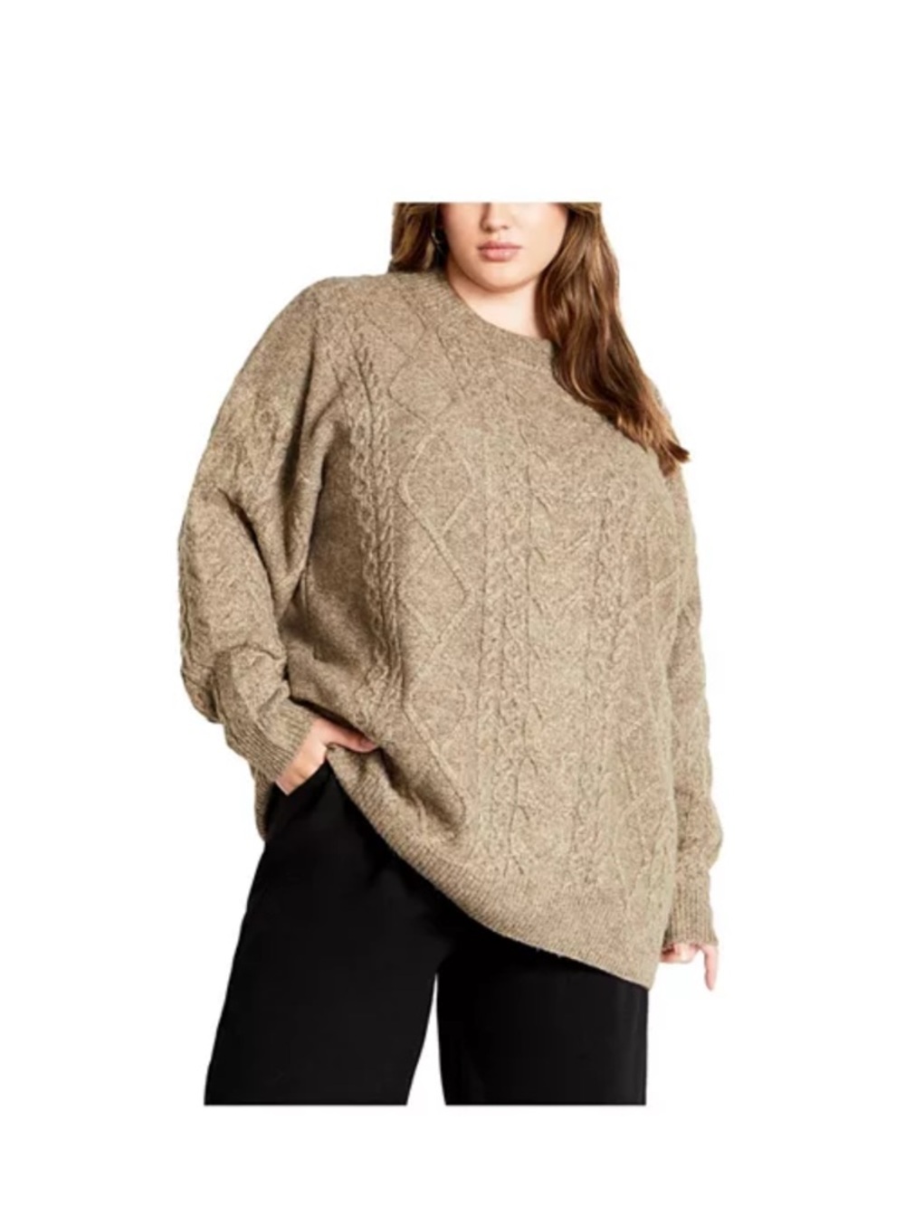 City Chic Taupe Cable Knit Crewneck Sweater